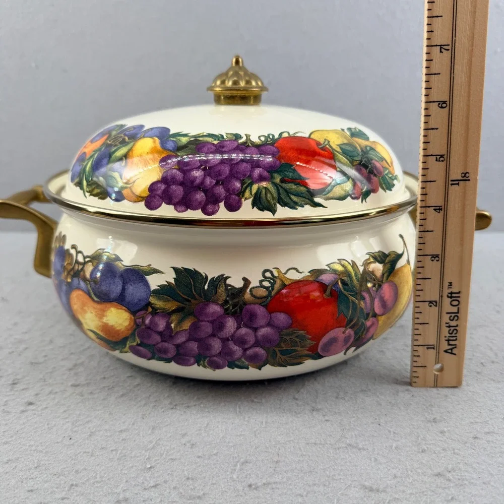 Vtg Enamel Dutch Oven Casserole Orchard Fruit Pattern Brass Handles Pristine 10
